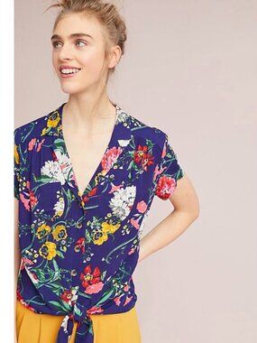 Maeve Anthropologie Size 8 Bateau Floral Tie Front Blouse Top Navy Blue Tropical
